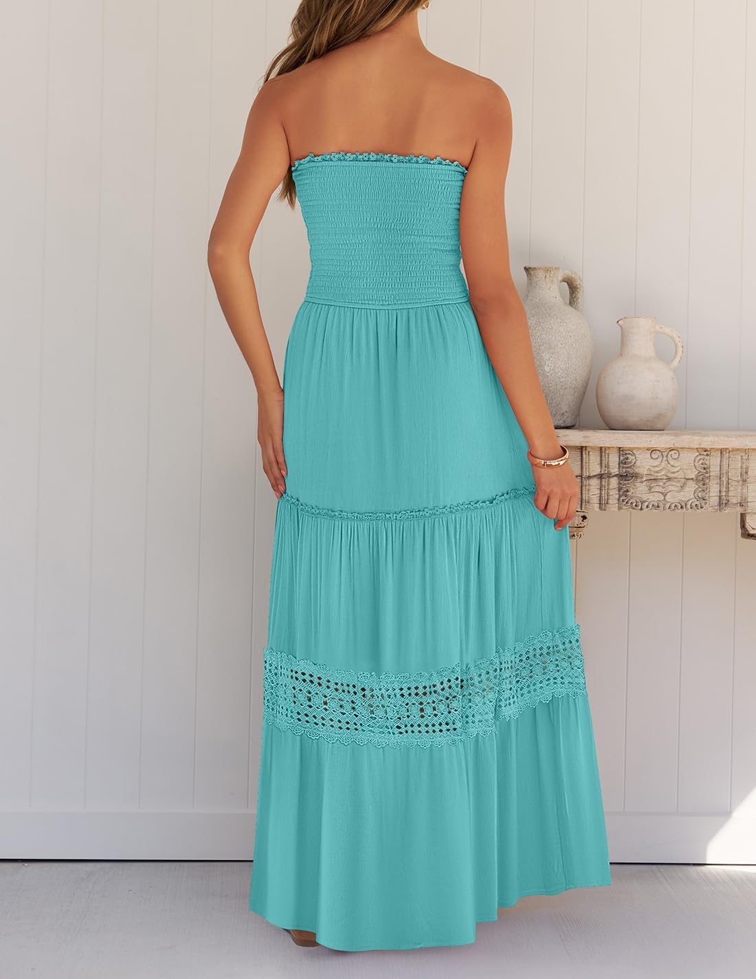 ZESICA Women's 2025 Summer Bohemian Strapless Off Shoulder Lace Trim Backless Flowy A Line Beach Long Maxi Dress,Aqua,Large