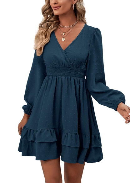 Rooscier Women's Wrap V Neck Swing Ruffle Swiss Dots Long Sleeve Mini Dress Teal Blue XX-Large
