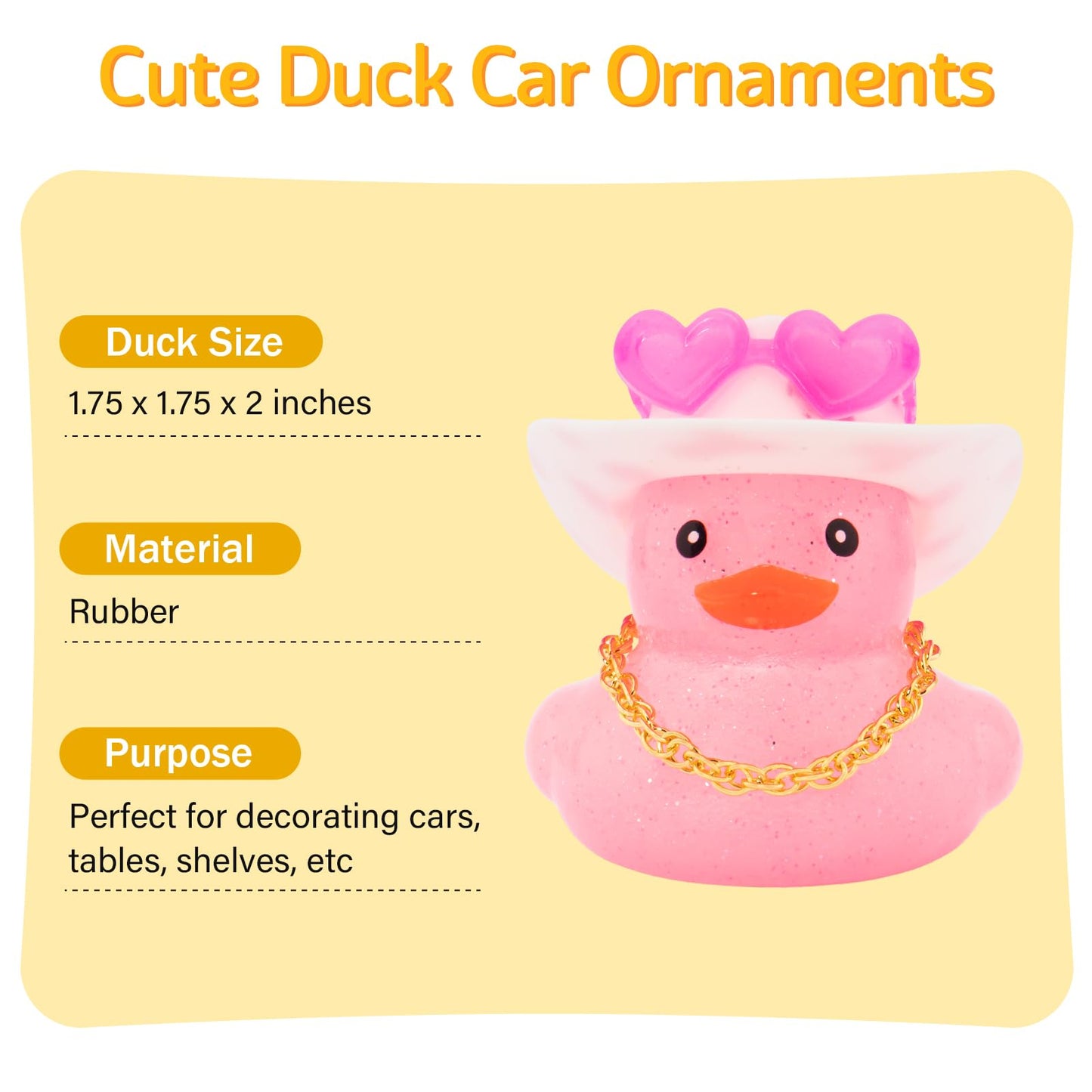 wonuu Car Rubber Ducks Light Pink Cowboy Hat, Dashboard Decorations Sparkling Duck for Car Ornament Accessories with Cap Heart Glasses Chain (Light Pink White)