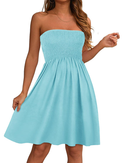 Summer Dresses for Women Strapless Casual Beach Cover Ups Tube Top Sundress（Aqua Blue, 2XL