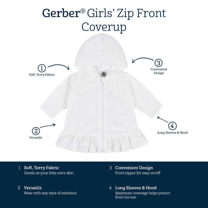 Gerber Baby Girls Toddler Zipper Hoodie Terry Swimsuit Cover Up, White, 18 Months