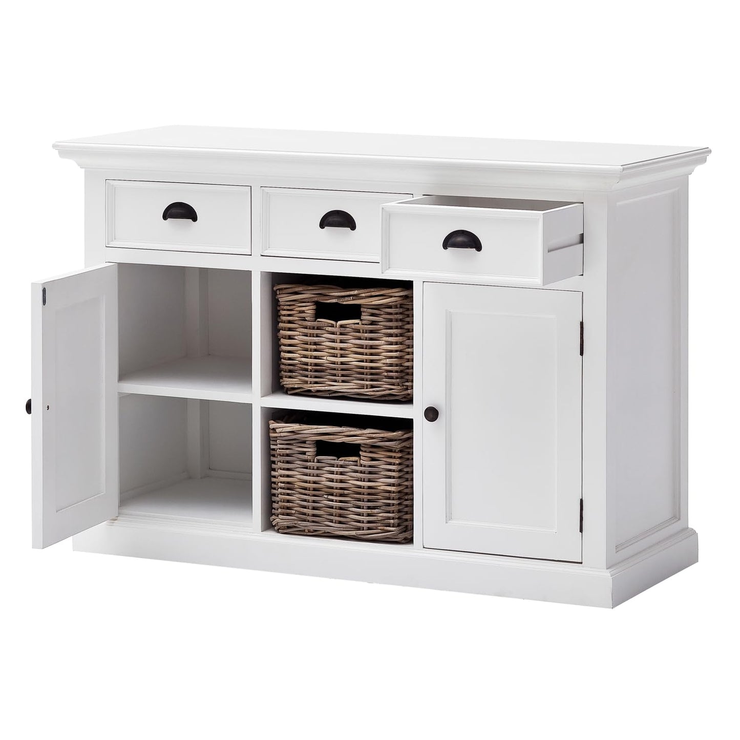 NovaSolo Halifax Pure White Mahogany Wood Sideboard Dining Buffet With Storage, 3 Drawers And 2 Rattan Baskets