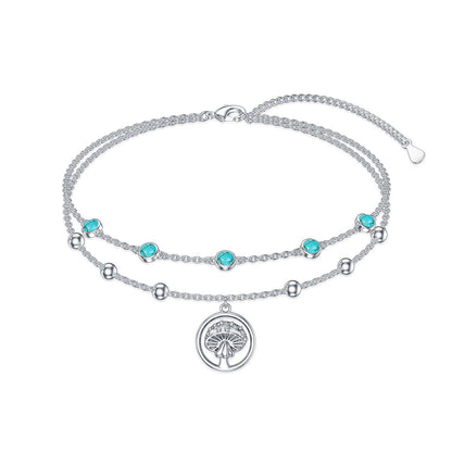 Genuine Turquoise Anklet with mushroom, Sterling Silver Summer Beach Dainty Bohemia Nature Gemstone Jewelry for Women, 9+2''