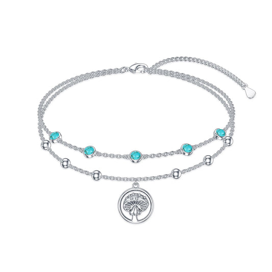 Genuine Turquoise Anklet with mushroom, Sterling Silver Summer Beach Dainty Bohemia Nature Gemstone Jewelry for Women, 9+2''