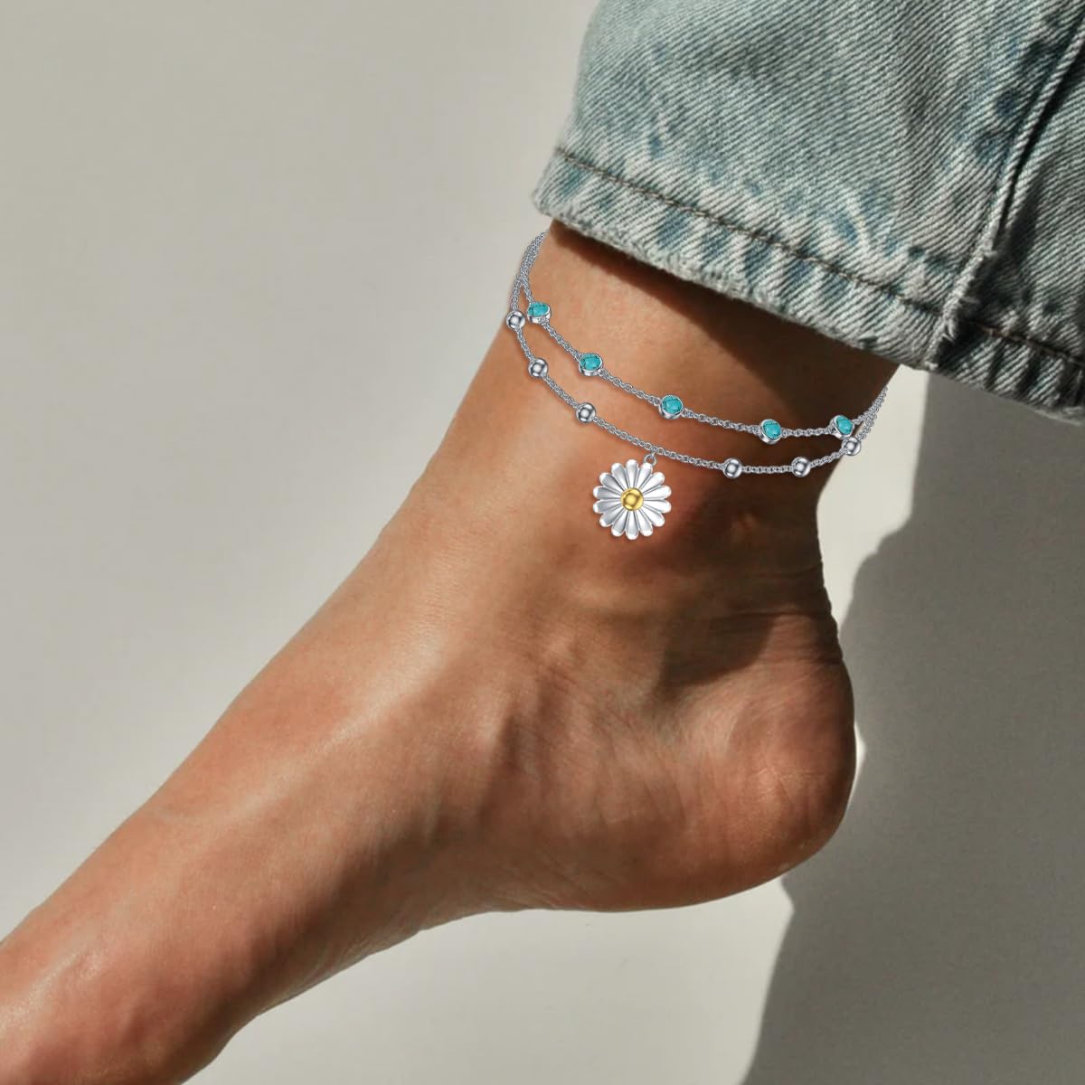 Genuine Turquoise Anklet with Daisy, Sterling Silver Summer Beach Dainty Bohemia Nature Gemstone Jewelry for Women, 9+2''