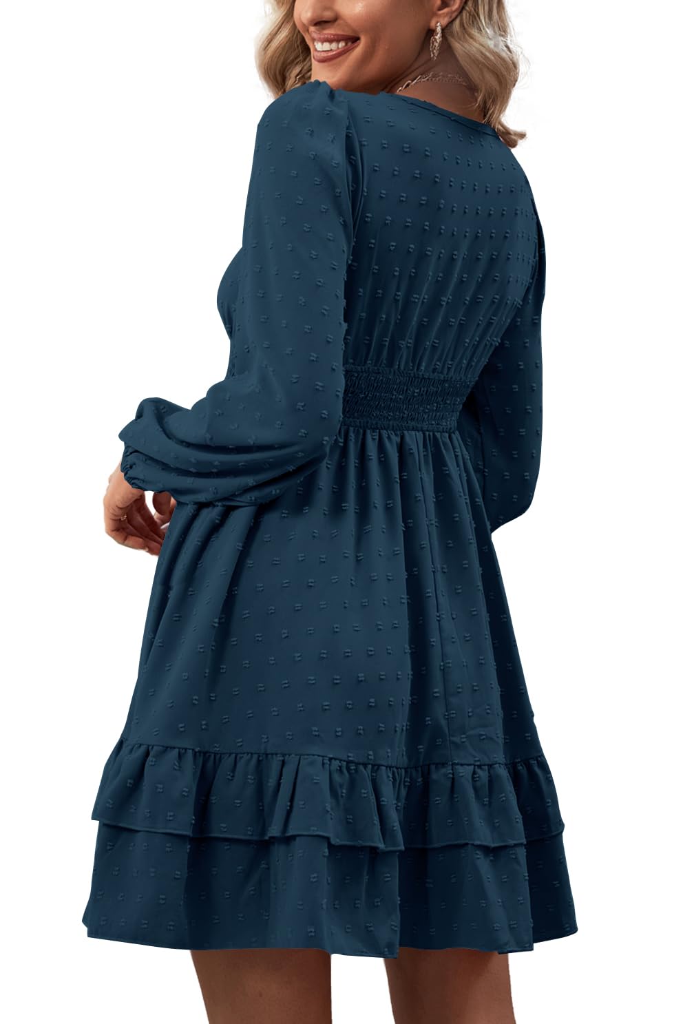 Rooscier Women's Wrap V Neck Swing Ruffle Swiss Dots Long Sleeve Mini Dress Teal Blue XX-Large