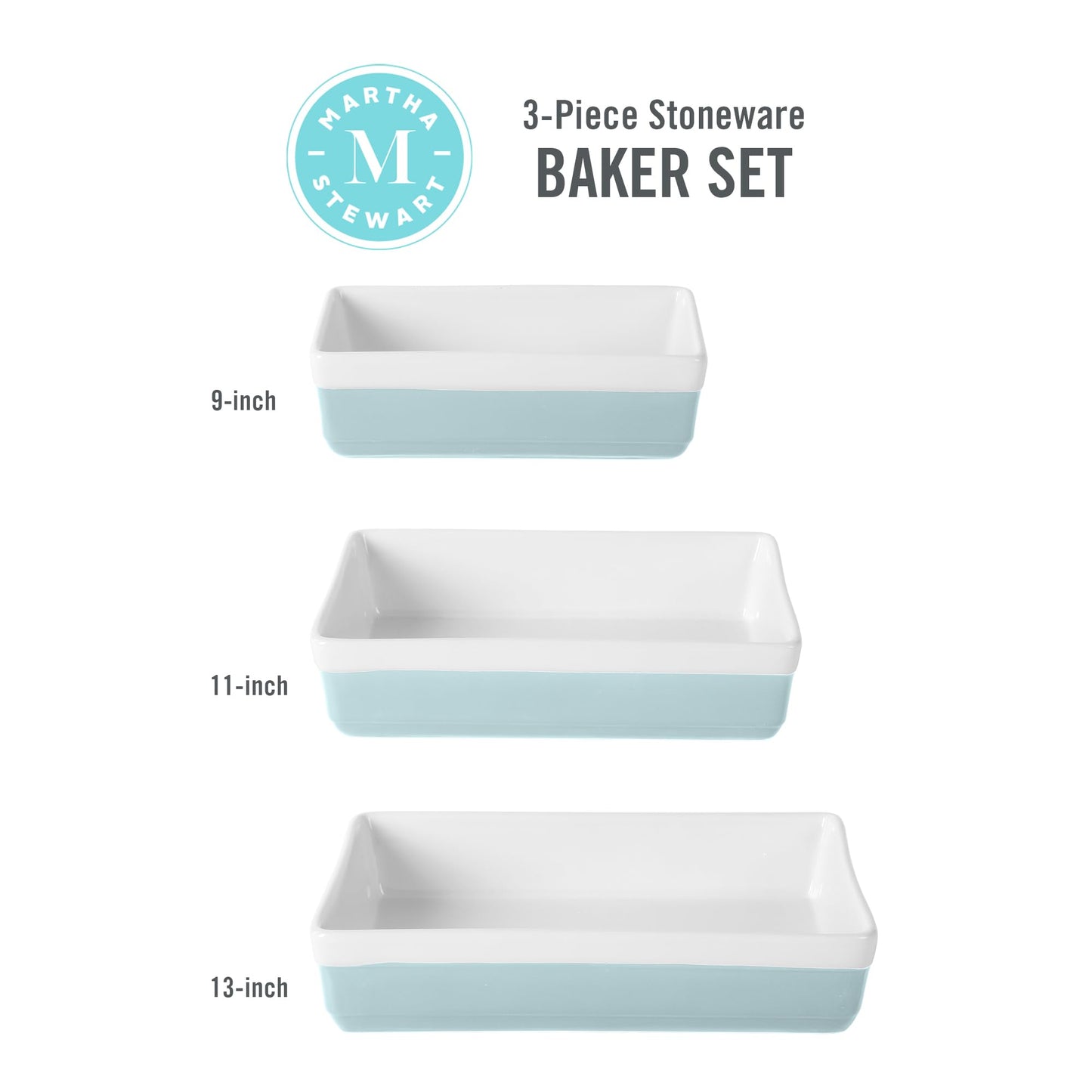 MARTHA STEWART 3-Piece Oven to Table Stoneware Bakeware Set – Baking Dish & Casserole Set – Dusty Blue – Durable Oven-Safe Bakeware for Baking and Serving