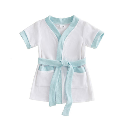 Motlapol Toddler Baby Boy Girl Swimsuit Cover Up Short Sleeve Color Block Belted Terry Cloth Poncho Infant Pool Beach Towel (Blue, 6-12 Months)