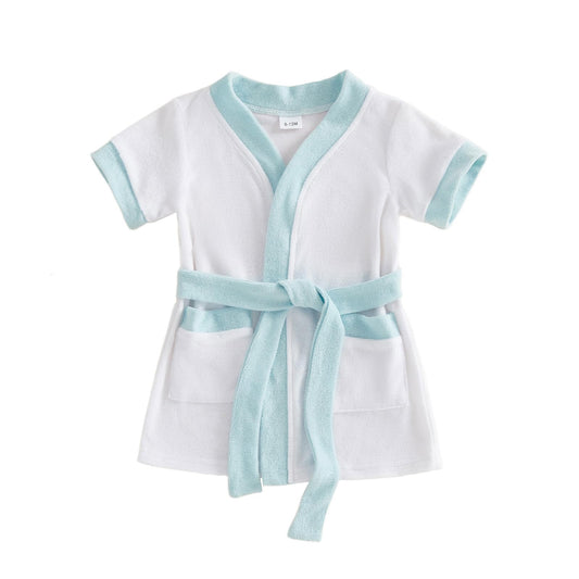 Motlapol Toddler Baby Boy Girl Swimsuit Cover Up Short Sleeve Color Block Belted Terry Cloth Poncho Infant Pool Beach Towel (Blue, 6-12 Months)