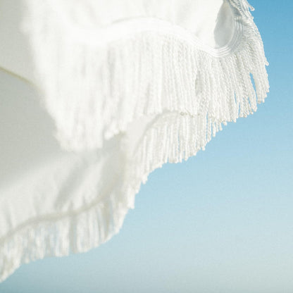 Business & Pleasure Co. Holiday Umbrella - Boho Beach Umbrella with White Fringe, UPF 50+, 1" Tilting Wood Pole, 5’ x 6.5’, Antique White