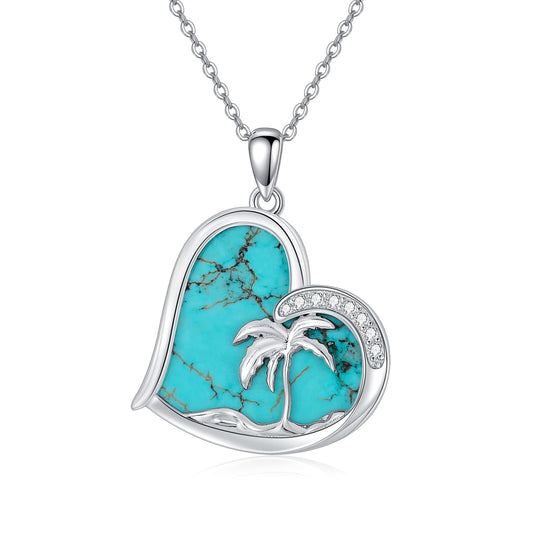 BETHZA Turquoise Palm Tree Necklace 925 Sterling Silver Natural Blue Turquoise Heart Pendant Summer Beach Necklace Genuine Gemstone Jewelry Gifts for Women