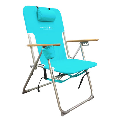 CARIBBEAN JOE Folding Beach Sand Chair, 4 Position Recline, High Seat, Portable Backpack Carry Straps, Foldable, Camping, Headrest, Cup Holder, and Wooden Armrests, 300 lb Capacity, Teal