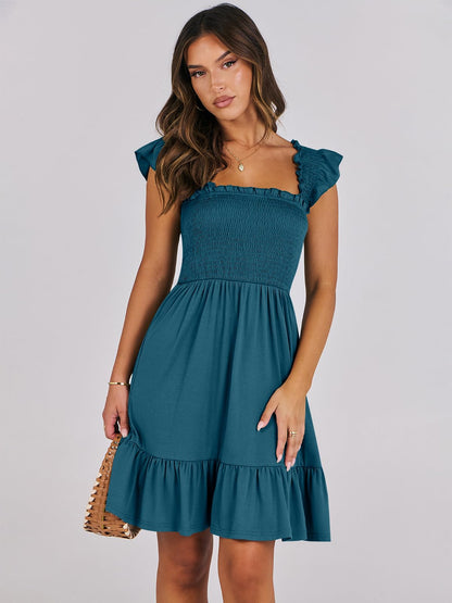ANRABESS Women's Summer Casual Sleeveless Square Neck Dress 2026 Smocked Ruffle Backless Boho Beach Cute Teen Short Sundress Tile Blue X-Large