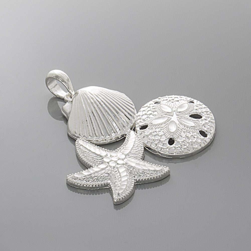 925 Sterling Silver Nautical Charm Necklace Pendant with Chain, DC Scallop, Starfish, Sand Dollar Cluster