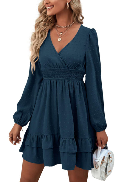 Rooscier Women's Wrap V Neck Swing Ruffle Swiss Dots Long Sleeve Mini Dress Teal Blue XX-Large