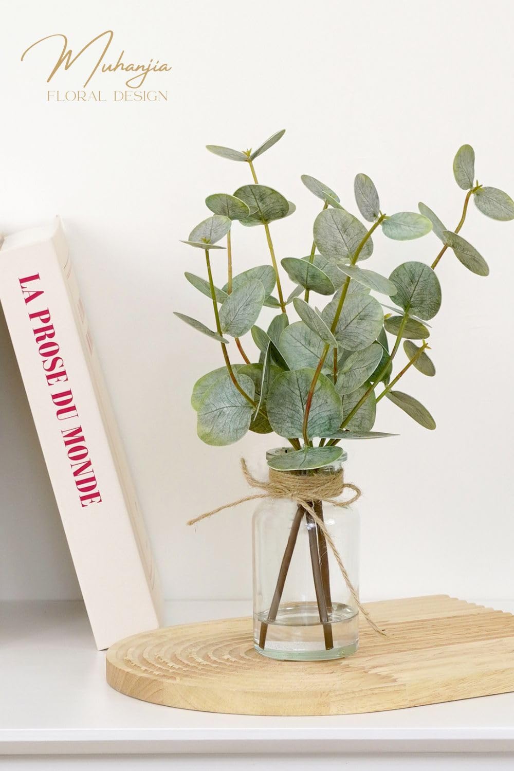 Muhanjia Artificial Eucalyptus Stems in Glass Vase with Faux Water,3Pcs Fake Plant with Double-Sided Green Leaves for Centerpiece(Double-Sided Green Eucalyptus)