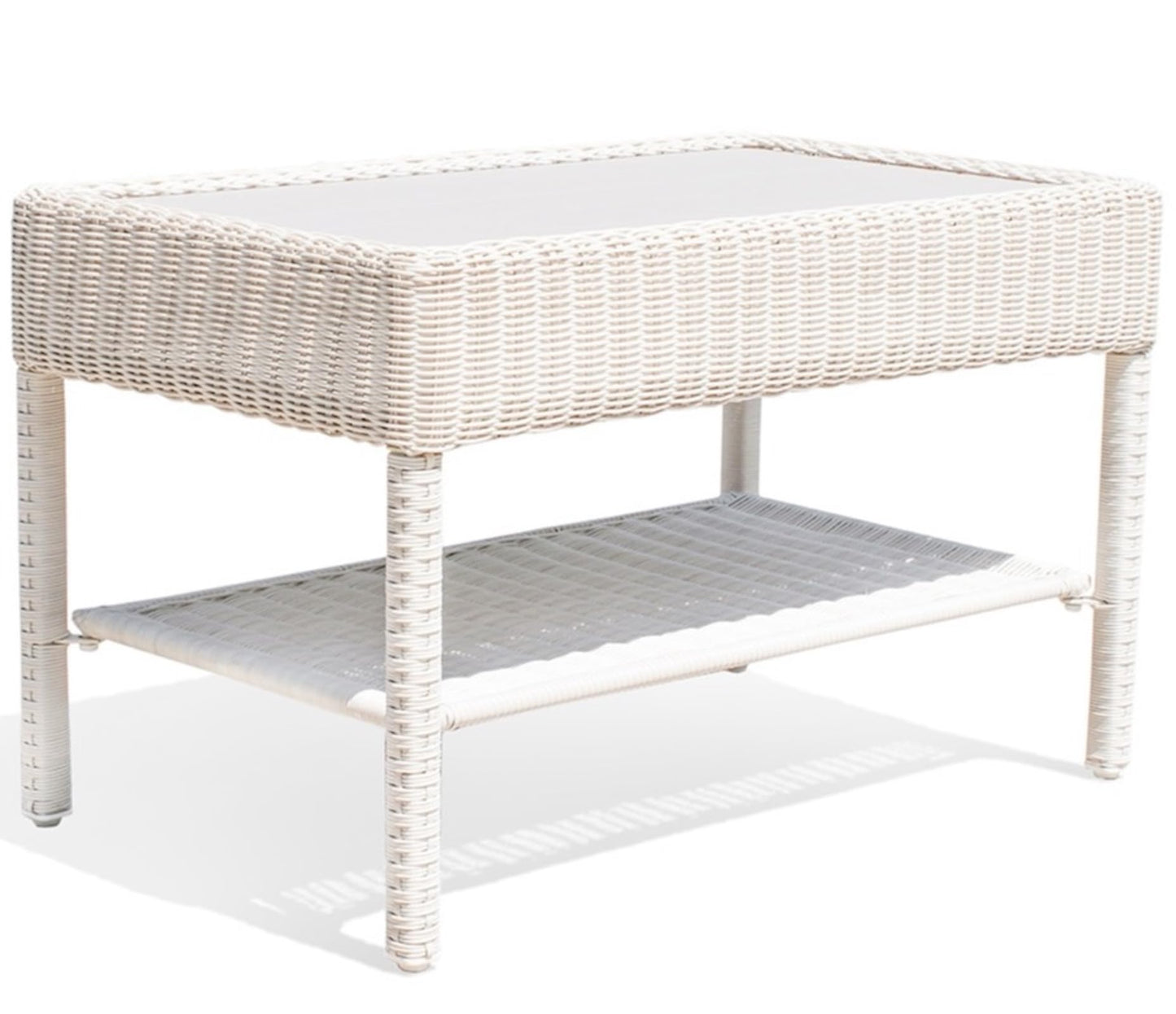 Krikacy Park Meadow Outdoor Wicker Coffee Table 34 Inch HDPE Rattan Patio Furniture with Double Shelves & Grey HIPS Top, Off White