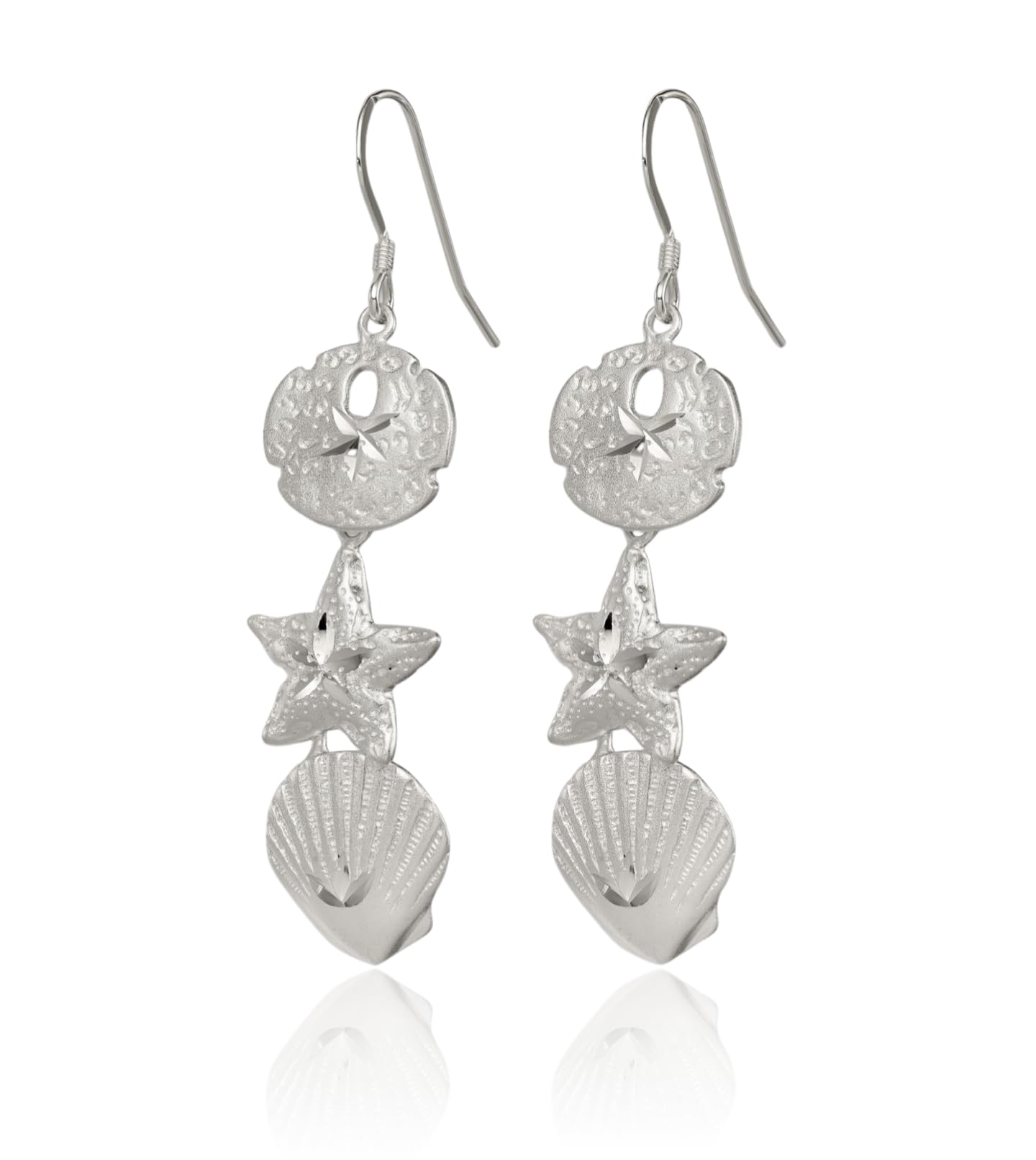 Sterling Silver Drop Dangle Sand Dollar Starfish Seashell Earrings 58mm Polished Beach Jewelry For Women Gift Nature Theme