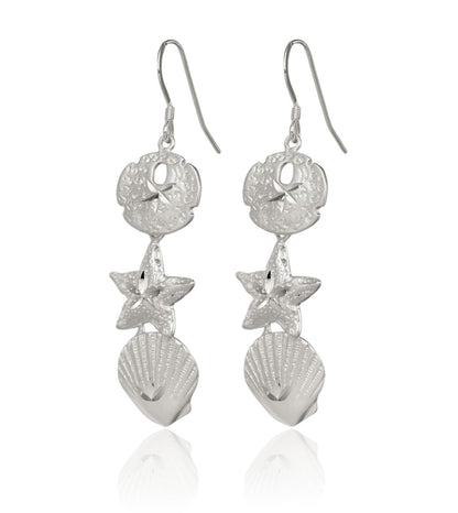 Sterling Silver Drop Dangle Sand Dollar Starfish Seashell Earrings 58mm Polished Beach Jewelry For Women Gift Nature Theme