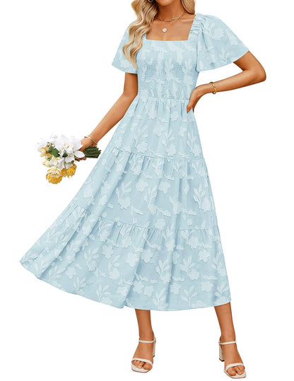 ZESICA Women‘s Summer Boho Floral Midi Dress 2026 Casual Short Sleeve Square Neck Flowy Beach Vacation Long Dress,Blue,X-Large