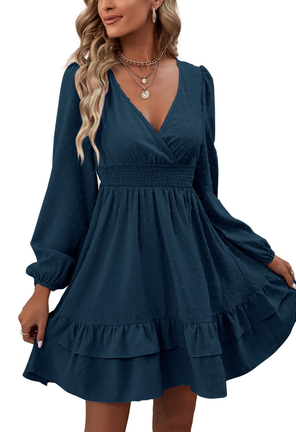 Rooscier Women's Wrap V Neck Swing Ruffle Swiss Dots Long Sleeve Mini Dress Teal Blue XX-Large