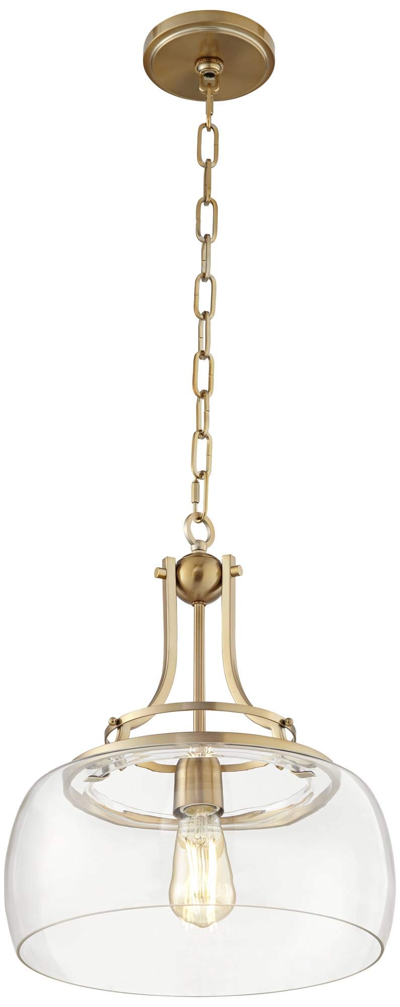 Franklin Iron Works Charleston Brass Hanging Pendant Lighting 13 1/2" Wide Modern Industrial LED Clear Glass Shade Fixture for Dining Room Living House Home Foyer Kitchen Island Entryway Bedroom
