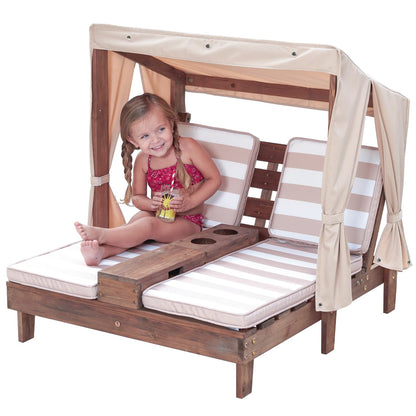 KidKraft Wooden Outdoor Double Chaise Lounge with Cup Holders, Patio Furniture for Kids or Pets, Espresso with Oatmeal and White Striped Fabric