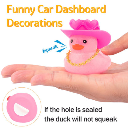 wonuu Car Rubber Ducks Light Pink Cowboy Hat, Dashboard Decorations Sparkling Duck for Car Ornament Accessories with Cap Heart Glasses Chain (Light Pink White)