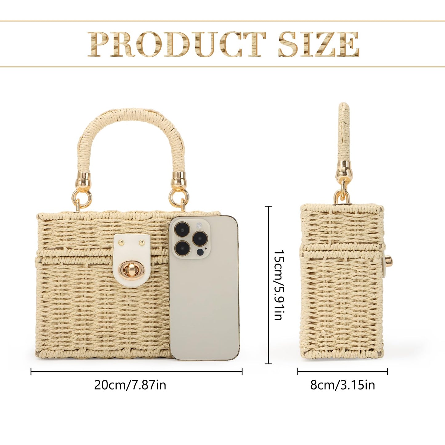 Fecialy Women Handwoven Rattan Handbag Beach Straw Tote Bag Square Boho Crossbody Bag,Beige