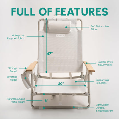 SUN'Y Escapes Backpack Beach Chair - Made w/Ocean Bound Plastics, Customizable w/MOLLE Accessories, Ultra Lightweight, Low-Seat Natural Comfort, Durable, Rust Free & Waterproof - Seashell White