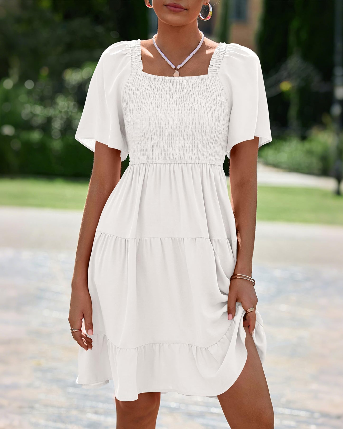 BTFBM Womens Summer Smocked Mini Dress Spring Square Neck Flutter Sleeve Casual Ruffle Swing Boho Beach Dresses Pockets(White, Large)