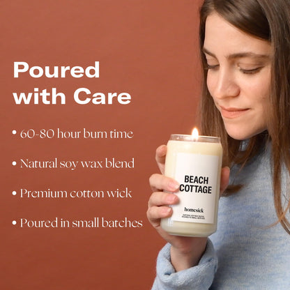 Homesick Scented Candles for Home (Beach Cottage) - Long-Lasting Natural Soy Wax Blend Jar Candle Gifts for Women & Men, 60-80 Hours Burn Time - Notes of Bergamot & Sandalwood