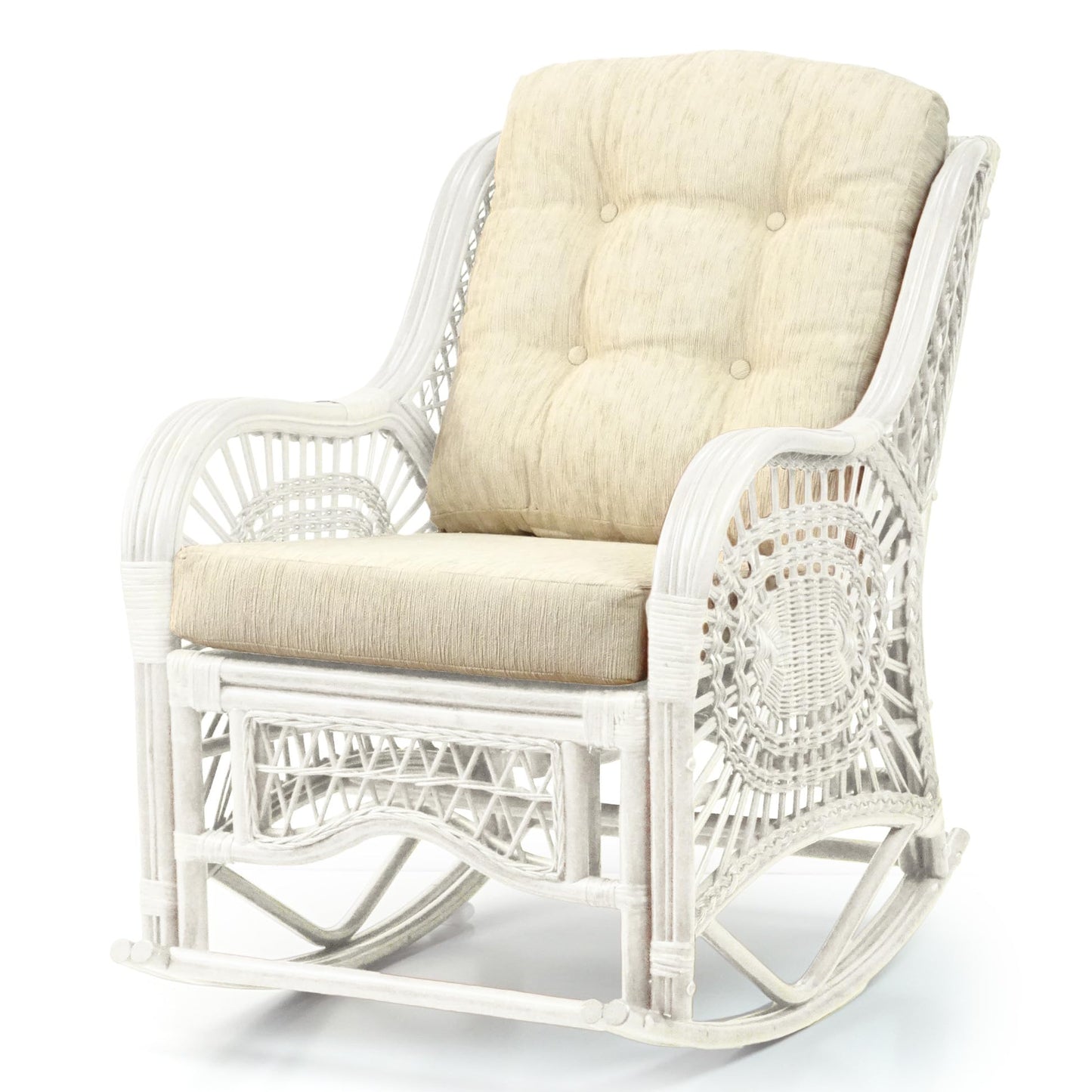 Malibu Lounge Rocking Chair ECO Handmade Natural Wicker Rattan White Color with Cream Cushion, Indoor ONLY