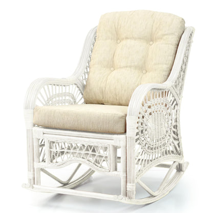 Malibu Lounge Rocking Chair ECO Handmade Natural Wicker Rattan White Color with Cream Cushion, Indoor ONLY