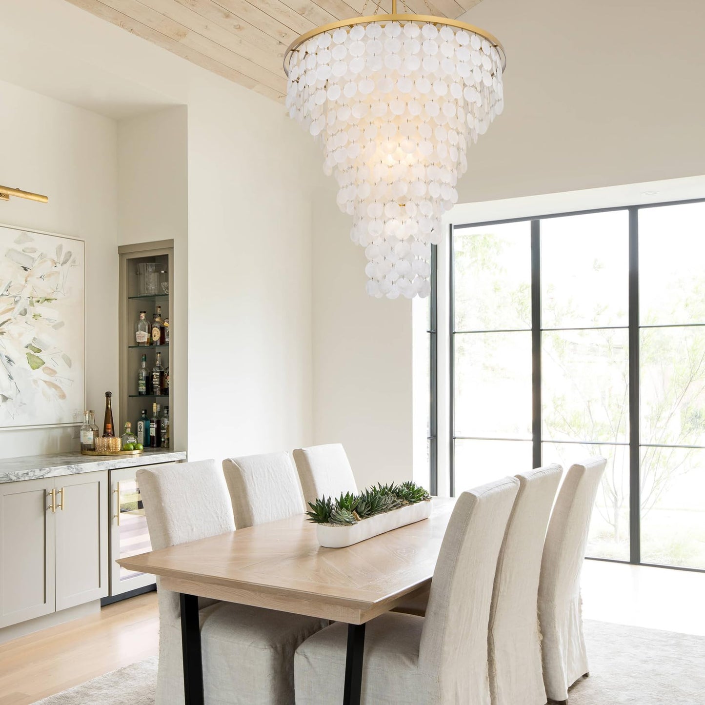 Wellmet Coastal Capiz Shell Chandelier, 9 Lights Beach Light Fixture, Sea Shell Pendant Lighting for Dining Room, Modern Gold Ceiling Light for Kitchen Island, 30" Dia