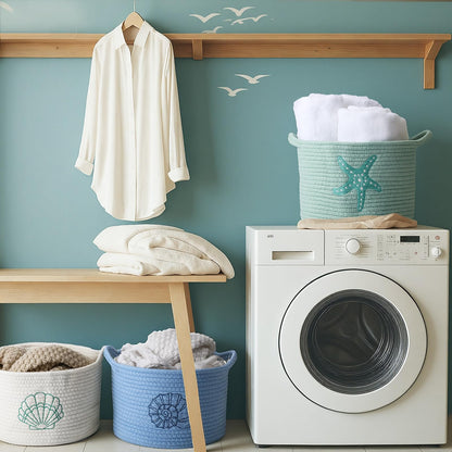 Vesici 3 Pcs Coastal Seashell Starfish Woven Baskets Blue White Green Beach Small Cotton Rope Storage Basket 9.7'' x 7.1'' Laundry Organizer with Handles for Toys Clothes Organization Nursery Bedroom