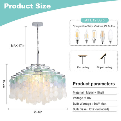 TRIBILLION 24" Capiz Shell Chandelier Dining Room Chandeliers Bathroom Pendant Light 6 Light Coastal Ceiling Hanging Light for Kitchen, Living Room,Bathroom and Bedroom,Bulbs Included