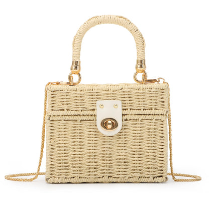 Fecialy Women Handwoven Rattan Handbag Beach Straw Tote Bag Square Boho Crossbody Bag,Beige