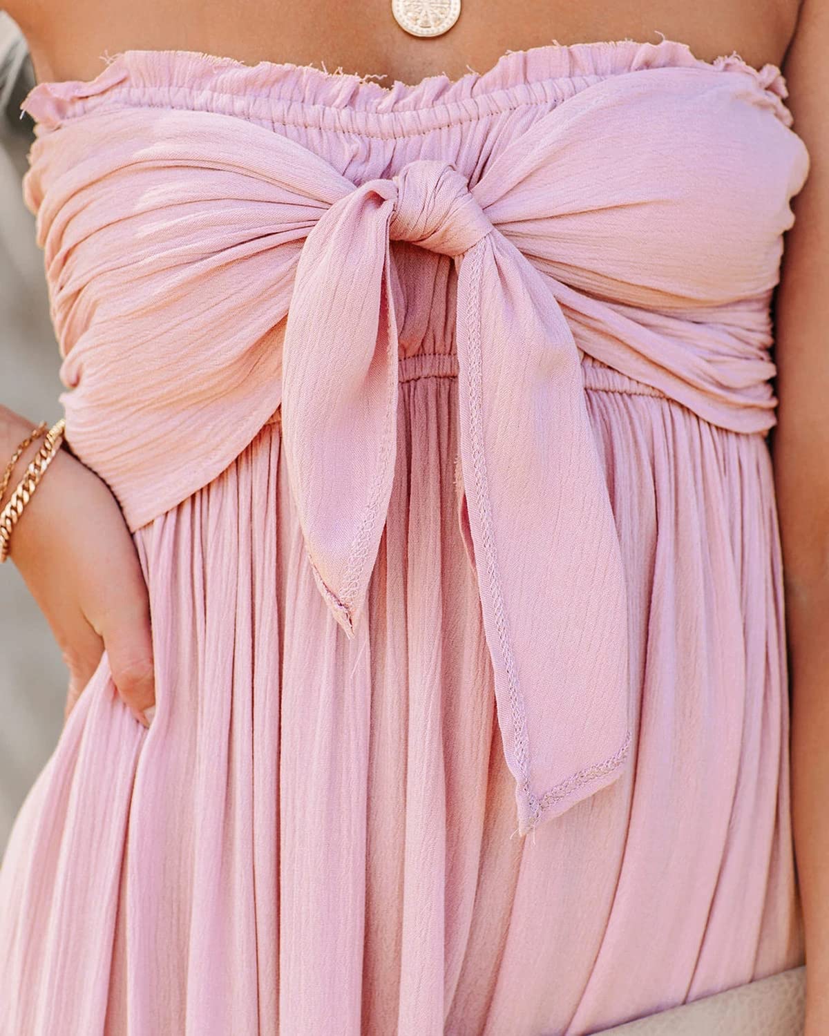 R.Vivimos Women's Summer Cotton Boho Beach Sleeveless Tie Front Mini Dress Tube Top Dress (XL, Pink)