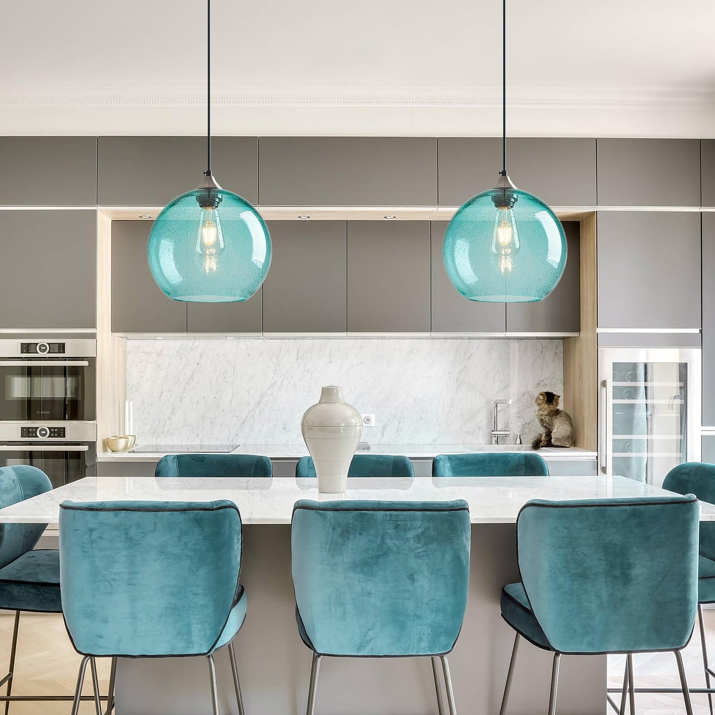 LBSQJ Light Blue Glass Pendant Lights Kitchen Island Globe Pendant Light Fixtures Modern Pendant Lighting for Bedroom Living Dining Room Light Fixture (9.84 in, 1 Pack)