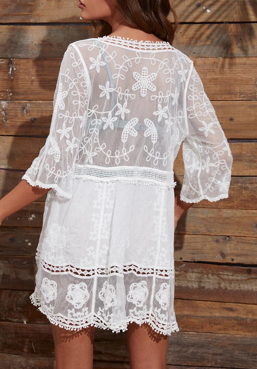 Eomenie Women's Contrast Lace Bathing Suit Cover Up V-Neck Swimsuit Coverups Loose Swimwear Beach Dress Beachwear White