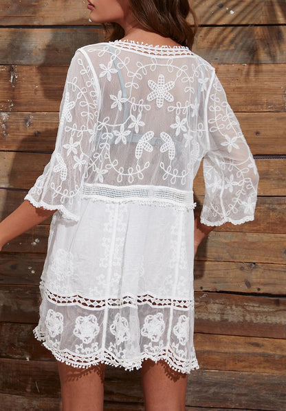 Eomenie Women's Contrast Lace Bathing Suit Cover Up V-Neck Swimsuit Coverups Loose Swimwear Beach Dress Beachwear White