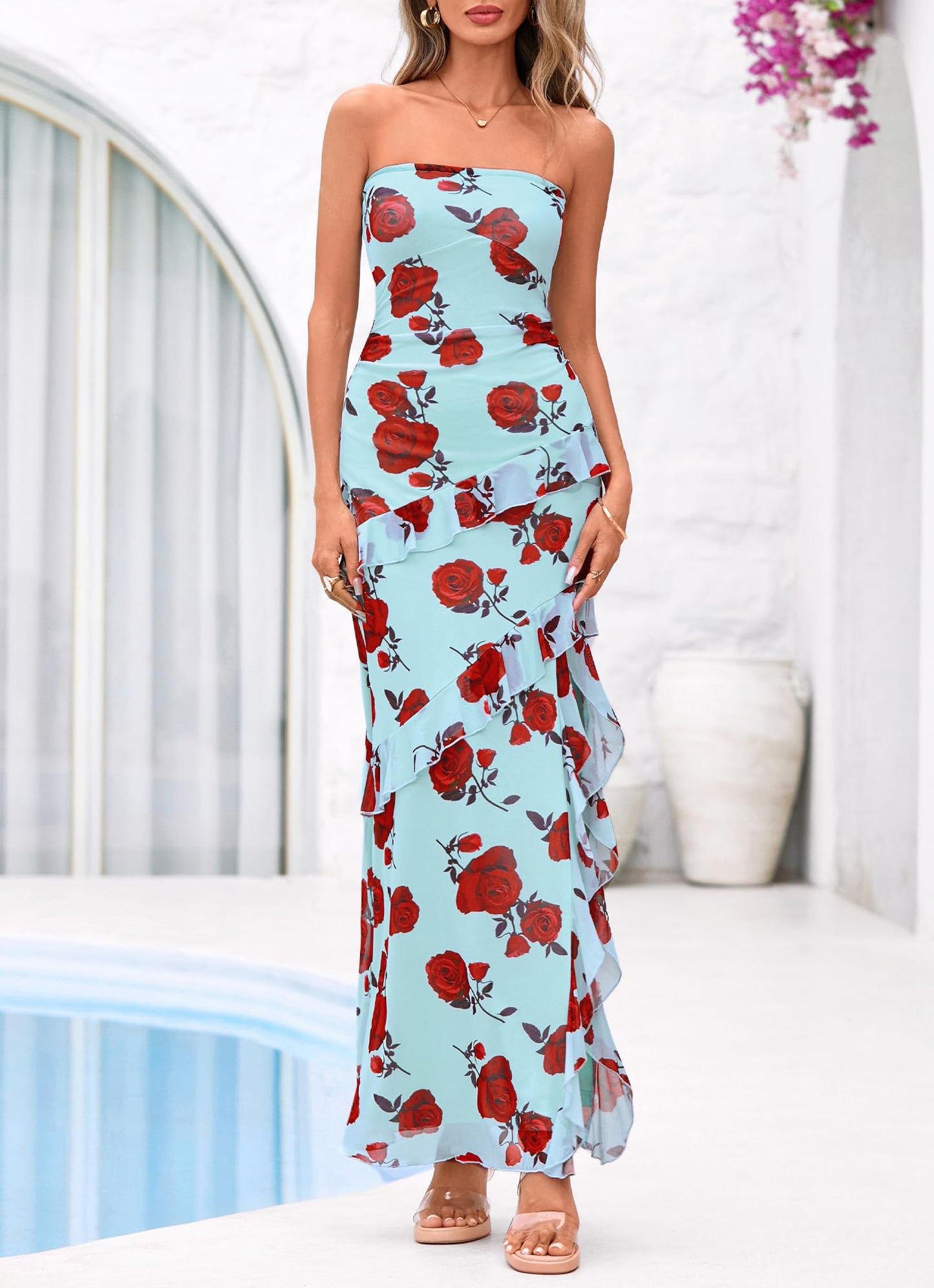 BTFBM Off The Shoulder Dresses for Women Summer 2026 Strapless Ruffle Sundress Slit Formal Cocktail Wedding Guest Dress(Floral Blue Rose, XX-Large)