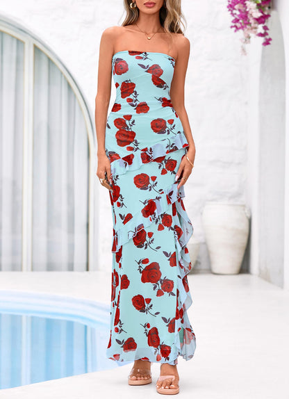 BTFBM Off The Shoulder Dresses for Women Summer 2026 Strapless Ruffle Sundress Slit Formal Cocktail Wedding Guest Dress(Floral Blue Rose, XX-Large)