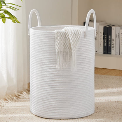 Woven Rope Laundry Hamper Basket by YOUDENOVA, 72L Tall Luandry Basket, Baby Nursery Hamper for Blanket Storage in Bedroom-Large-Pure White