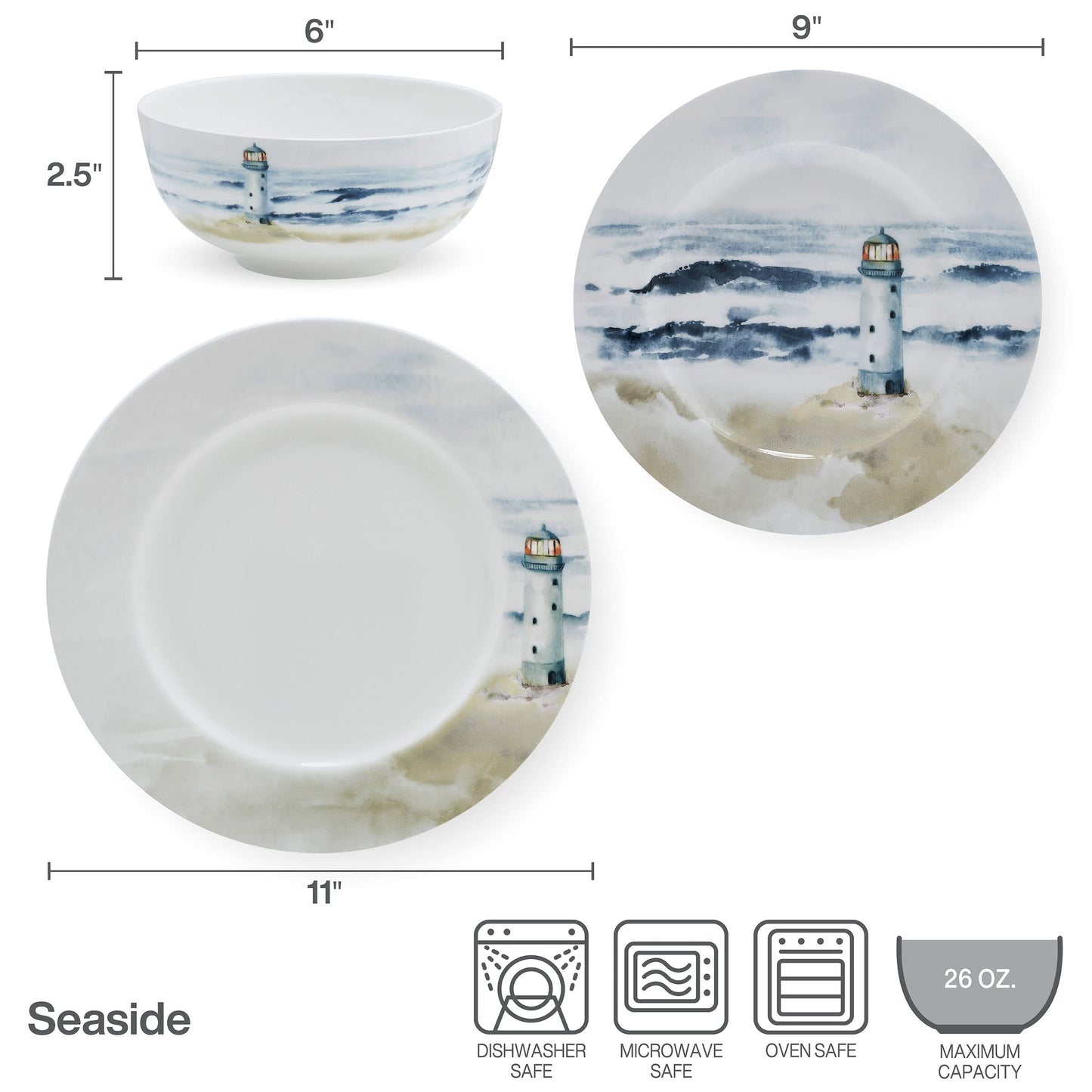 Mikasa Seaside Coastal Bone China Lightweight Chip Resistant 12 Piece Dinnerware Set, Service for 4