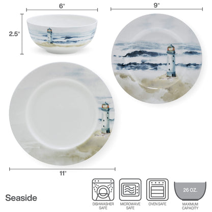 Mikasa Seaside Coastal Bone China Lightweight Chip Resistant 12 Piece Dinnerware Set, Service for 4