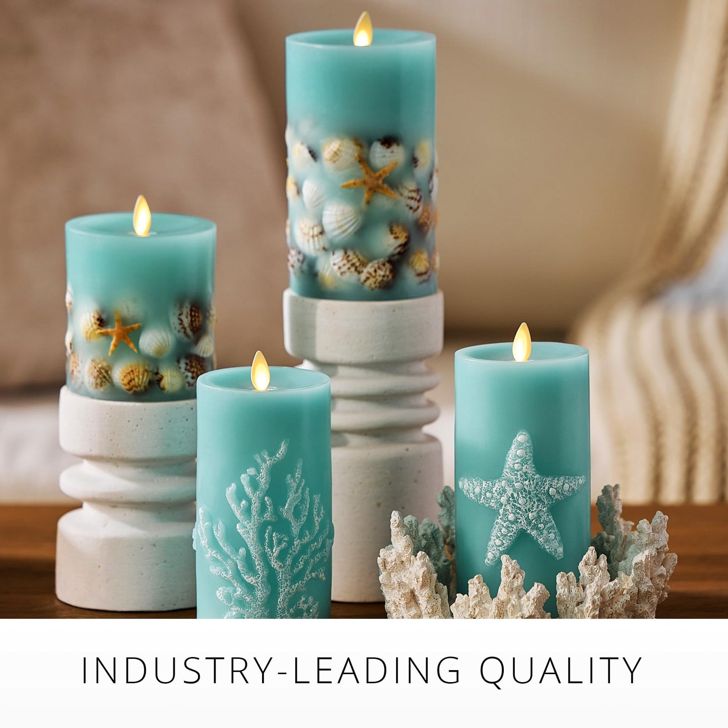 Luminara Flameless LED Candle Soft Teal Embedded Seashell & Starfish Moving Flame Pillar Unscented Real Wax with Recessed Edge, Timer (6.5-inch)