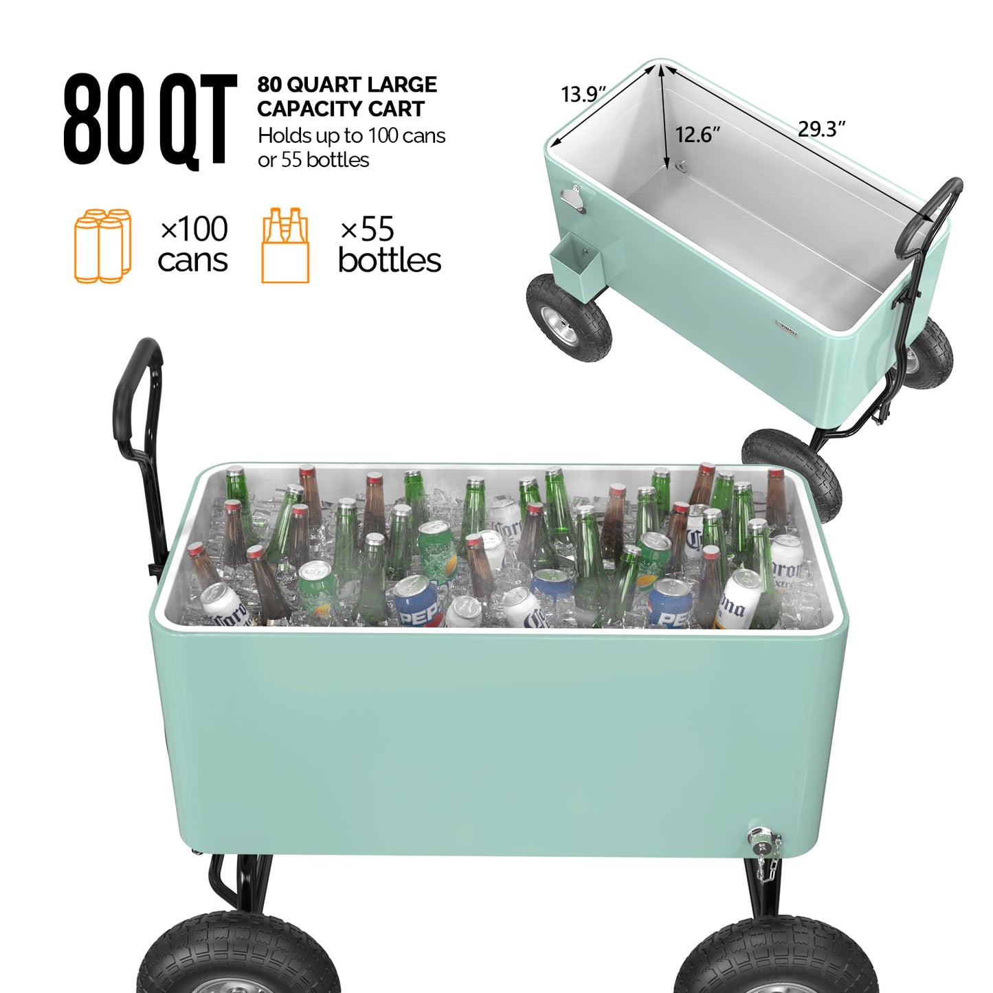 VINGLI 80 Quart Wagon Rolling Cooler Ice Chest, Patio Cooler w/Long Handle and 10" Wheels, Beach Patio Party Bar Cold Drink Beverage Cart