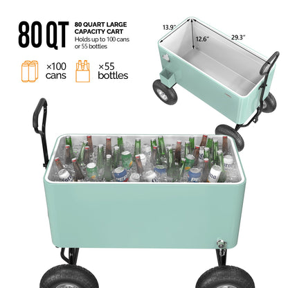 VINGLI 80 Quart Wagon Rolling Cooler Ice Chest, Patio Cooler w/Long Handle and 10" Wheels, Beach Patio Party Bar Cold Drink Beverage Cart